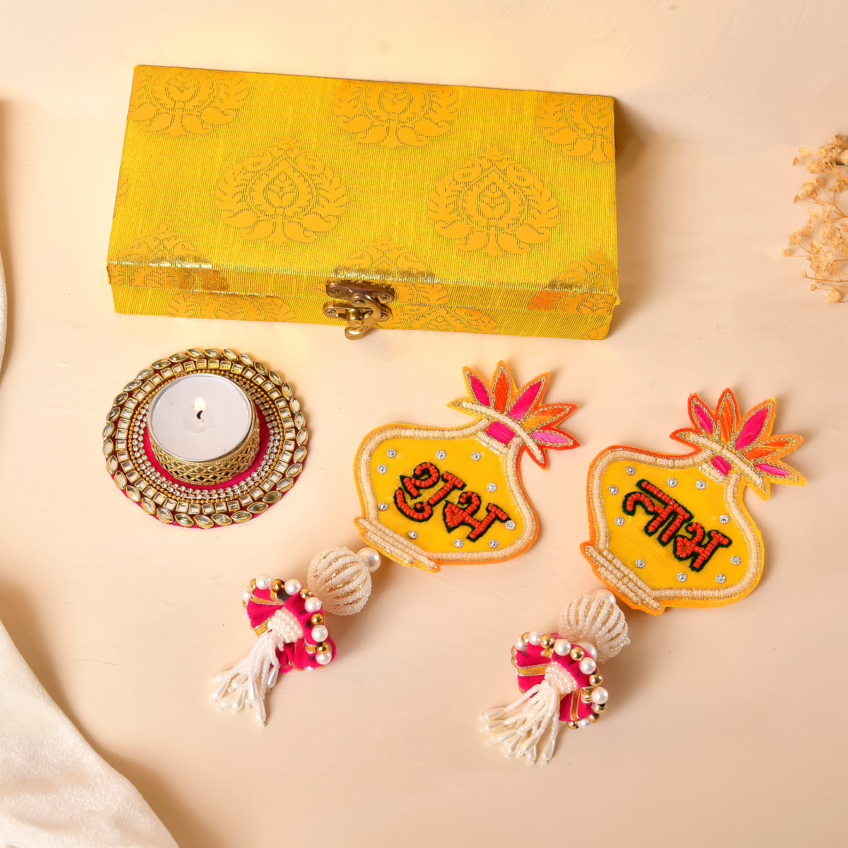 Kalash Shubh Labh & Tealight Combo With Foil Print Mdf Box(Gifting Hamper)
