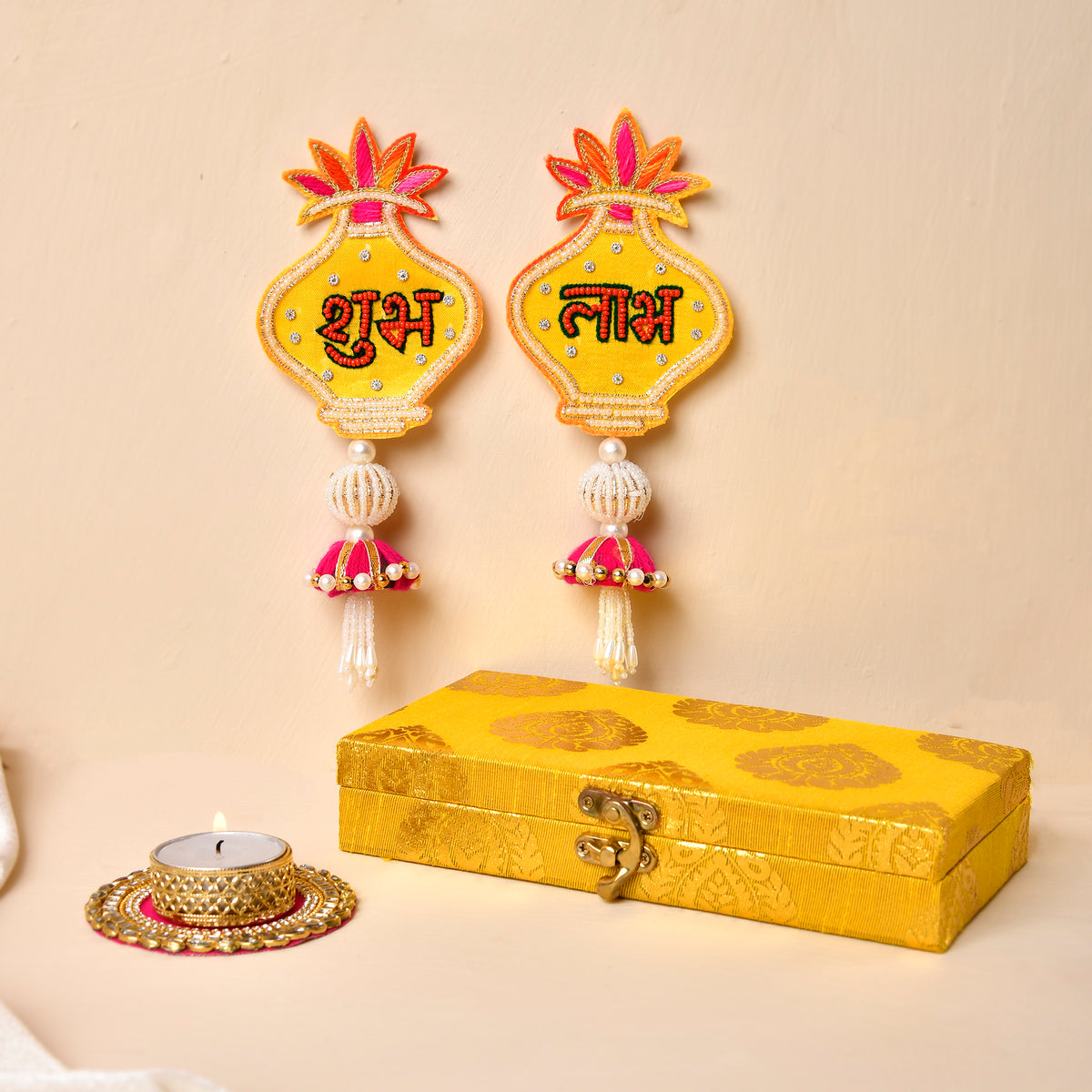 Kalash Shubh Labh & Tealight Combo With Foil Print Mdf Box(Gifting Hamper)