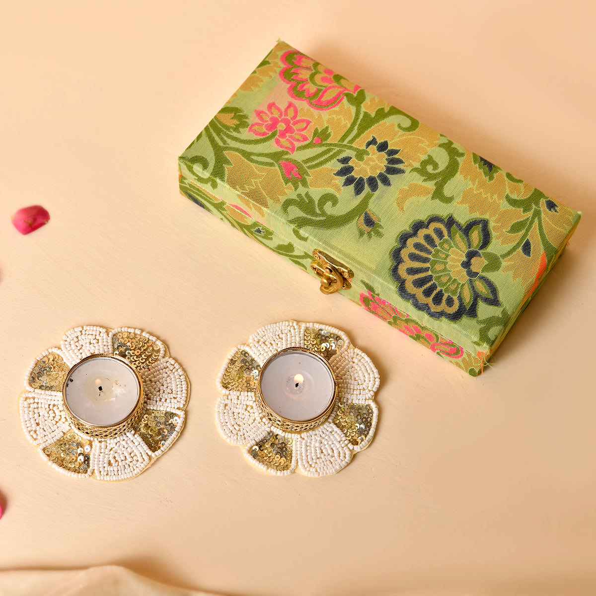 White & Green Pearl Tealights With Brocade Box( Gifting Hamper)
