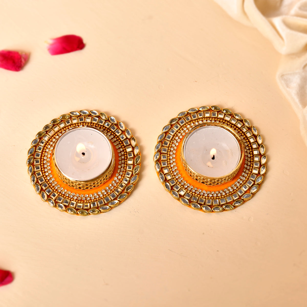 Kundan Tealight Set With Digital Print Velvet Box(Gifting Hamper)