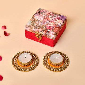 Kundan Tealight Set With Digital Print Velvet Box(Gifting Hamper)