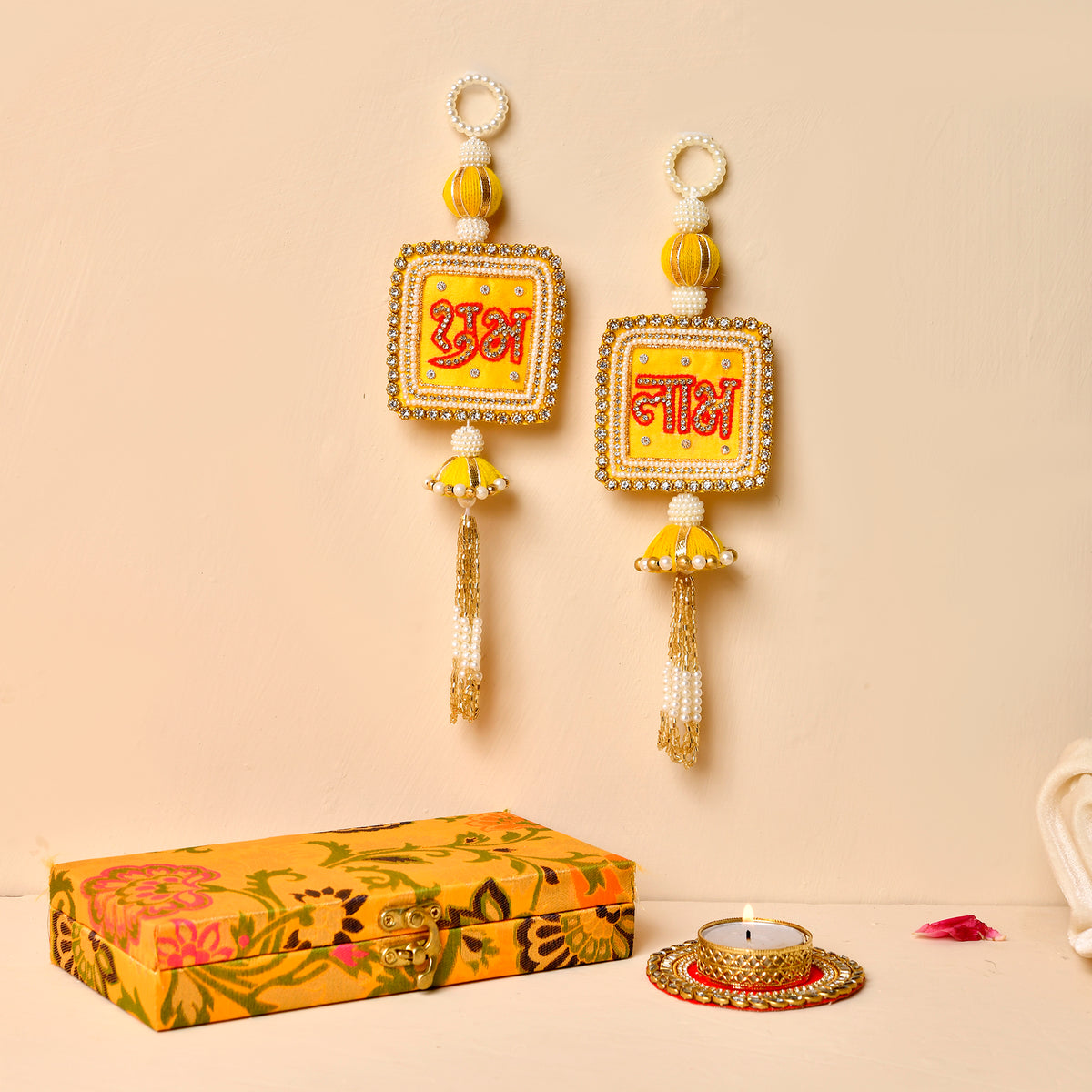 Yellow Shubh Labh & Kundan Tealight With Brocade Box(Gifting  Hamper)
