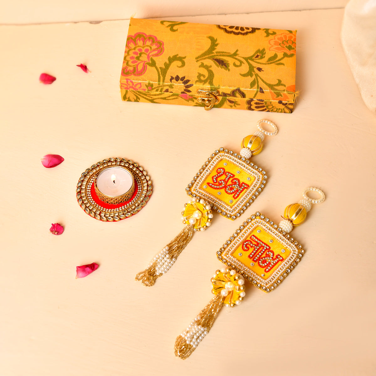 Yellow Shubh Labh & Kundan Tealight With Brocade Box(Gifting  Hamper)