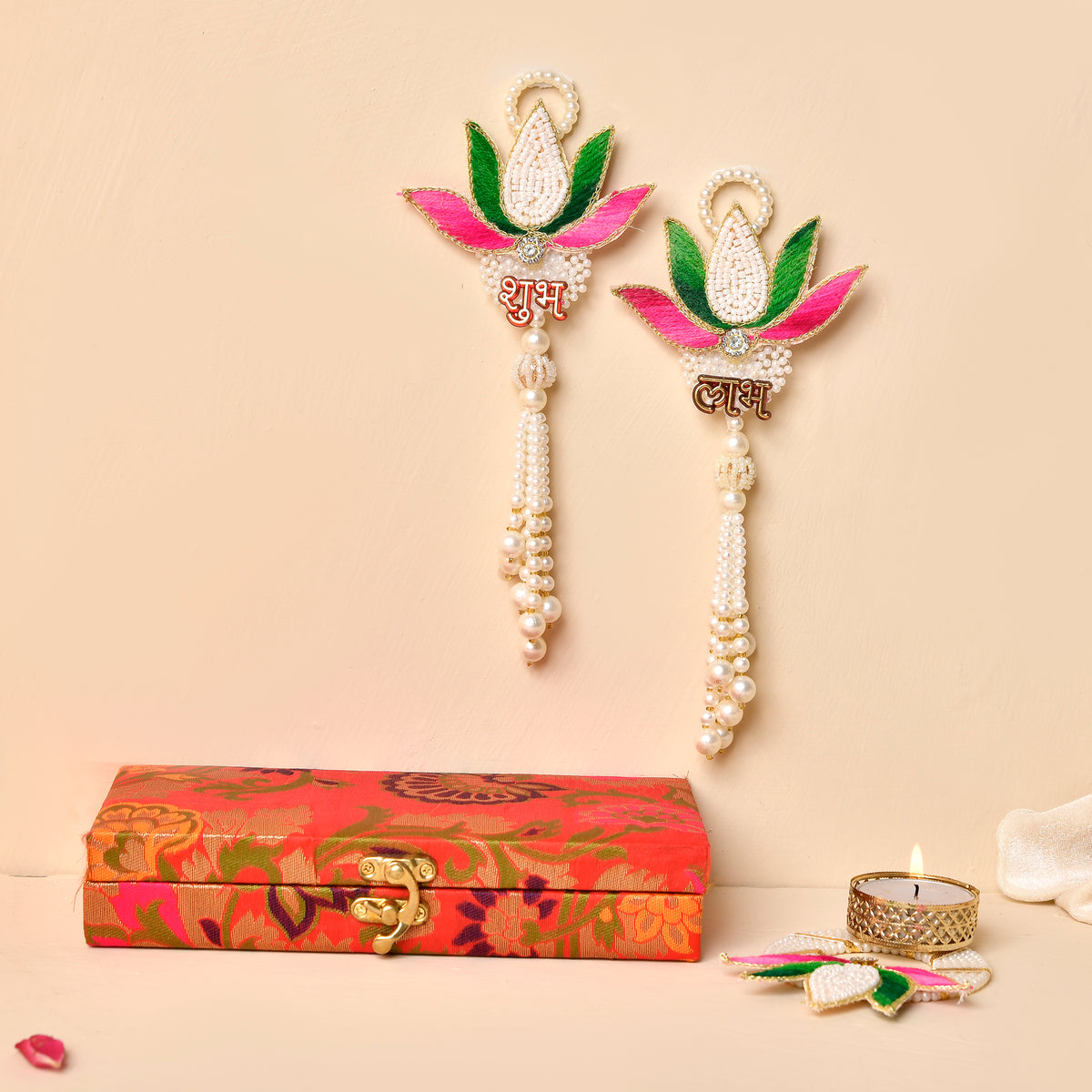 Multicolor Lotus &Tealight Combo With  Beautiful Brocade Box(Gifting Hamper)