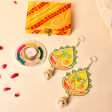 Multicolor tealight & Traditional Shubh Labh Pair With Bandhej Box(Gifting hamper)