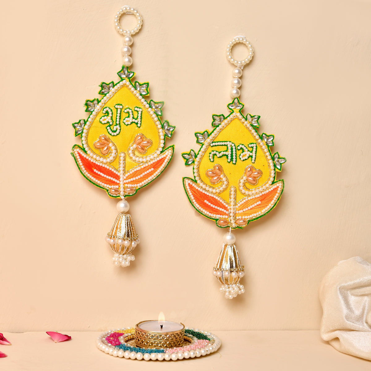 Multicolor tealight & Traditional Shubh Labh Pair With Bandhej Box(Gifting hamper)