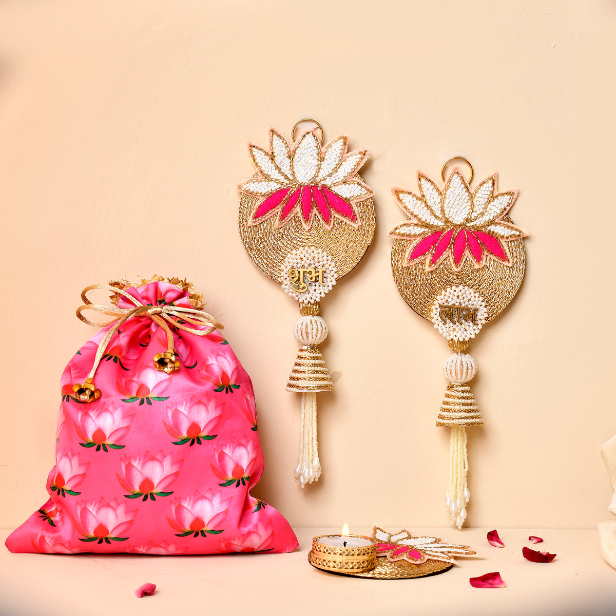 Kamal Shubh Labh And Tealight Combo With Pichwai Potli (Gifting hamper)
