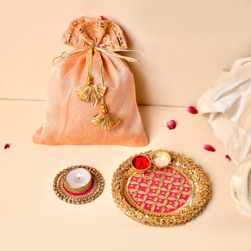 Traditional Gotta Patch Pooja Plate(6inch)& Kundan Tealight Combo With Tissue Potli(Gifting Hamper)