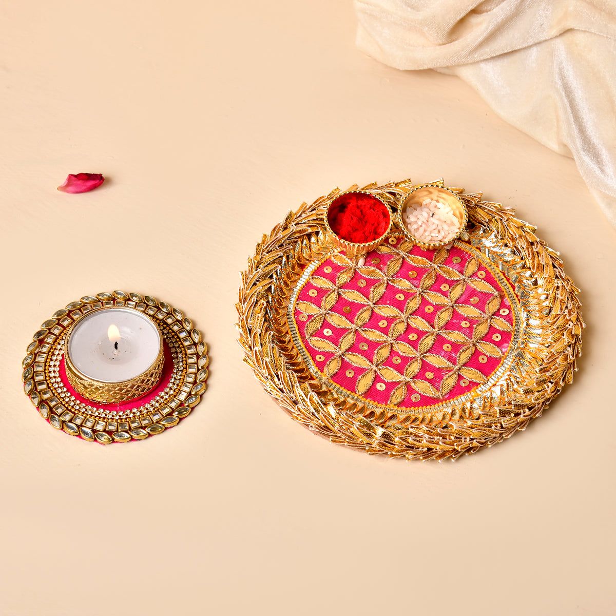 Traditional Gotta Patch Pooja Plate(6inch)& Kundan Tealight Combo With Tissue Potli(Gifting Hamper)