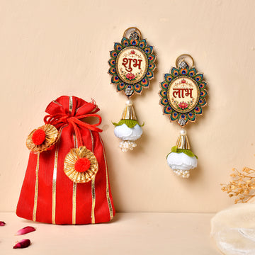 Mdf Lotus Shubh Labh pair With Gotta Potli (Gifting hamper)