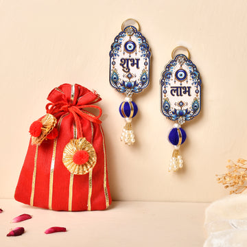 Mdf Lotus Shubh Labh pair With Gotta Potli (Gifting hamper)