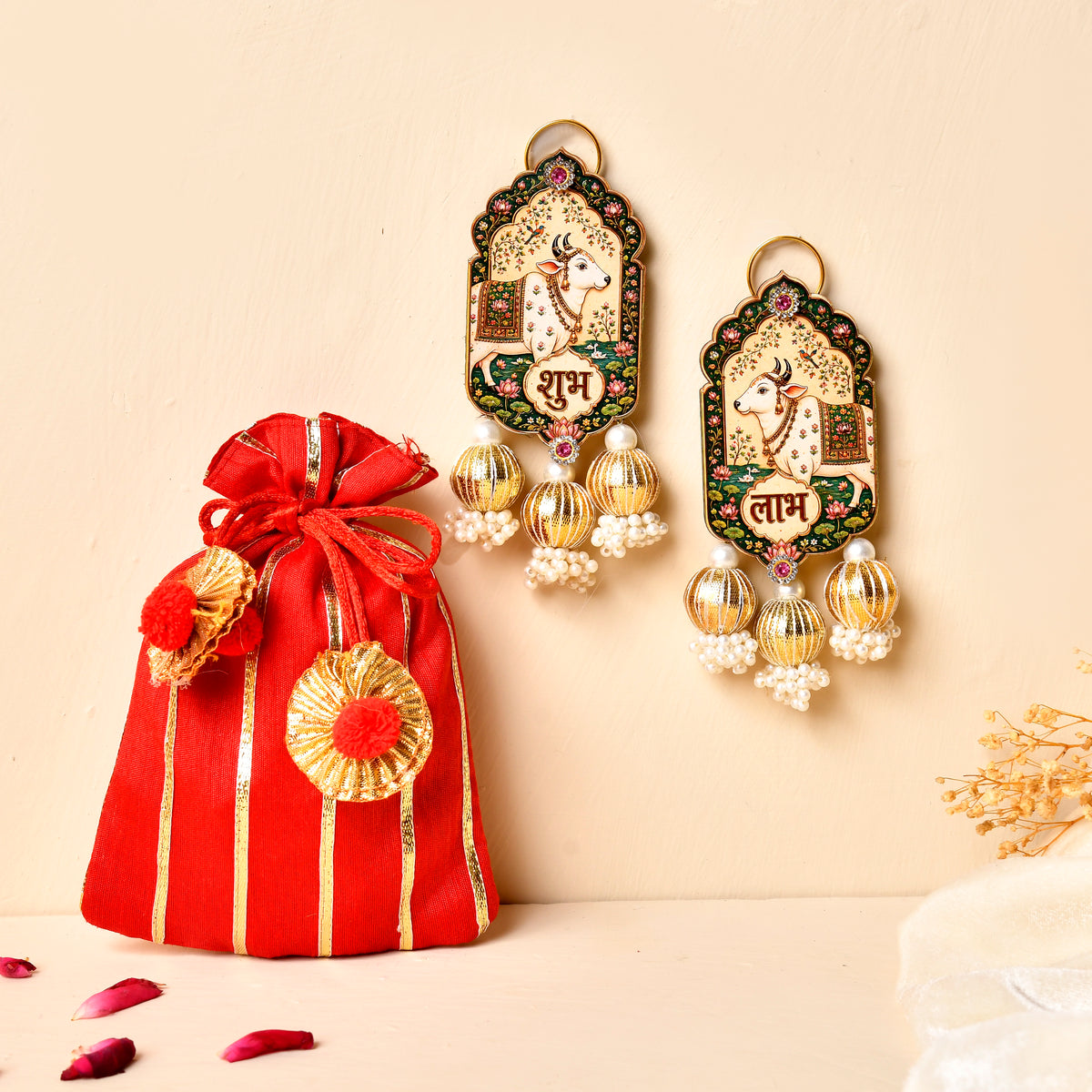 Mdf Lotus Shubh Labh pair With Gotta Potli (Gifting hamper)
