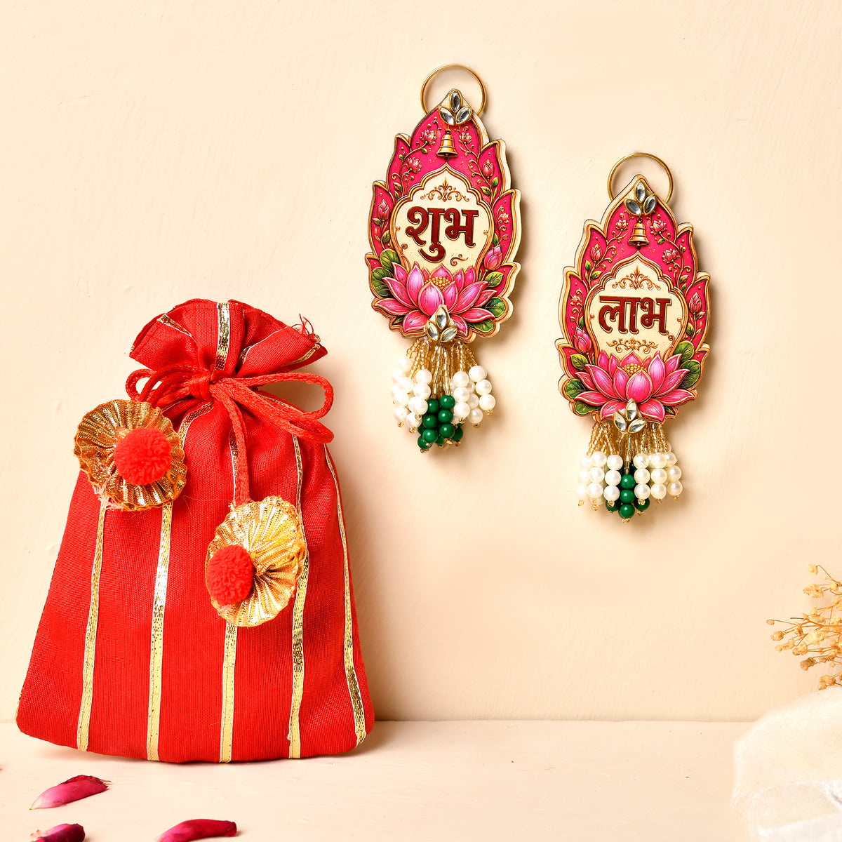 Mdf Lotus Shubh Labh pair With Gotta Potli (Gifting hamper)