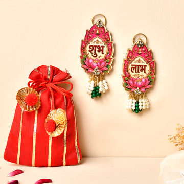 Mdf Lotus Shubh Labh pair With Gotta Potli (Gifting hamper)