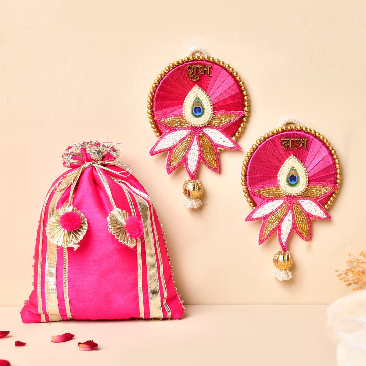Pink Kamal Shubh Labh Pair With Beautiful Satin Potli (Gifting hamper)