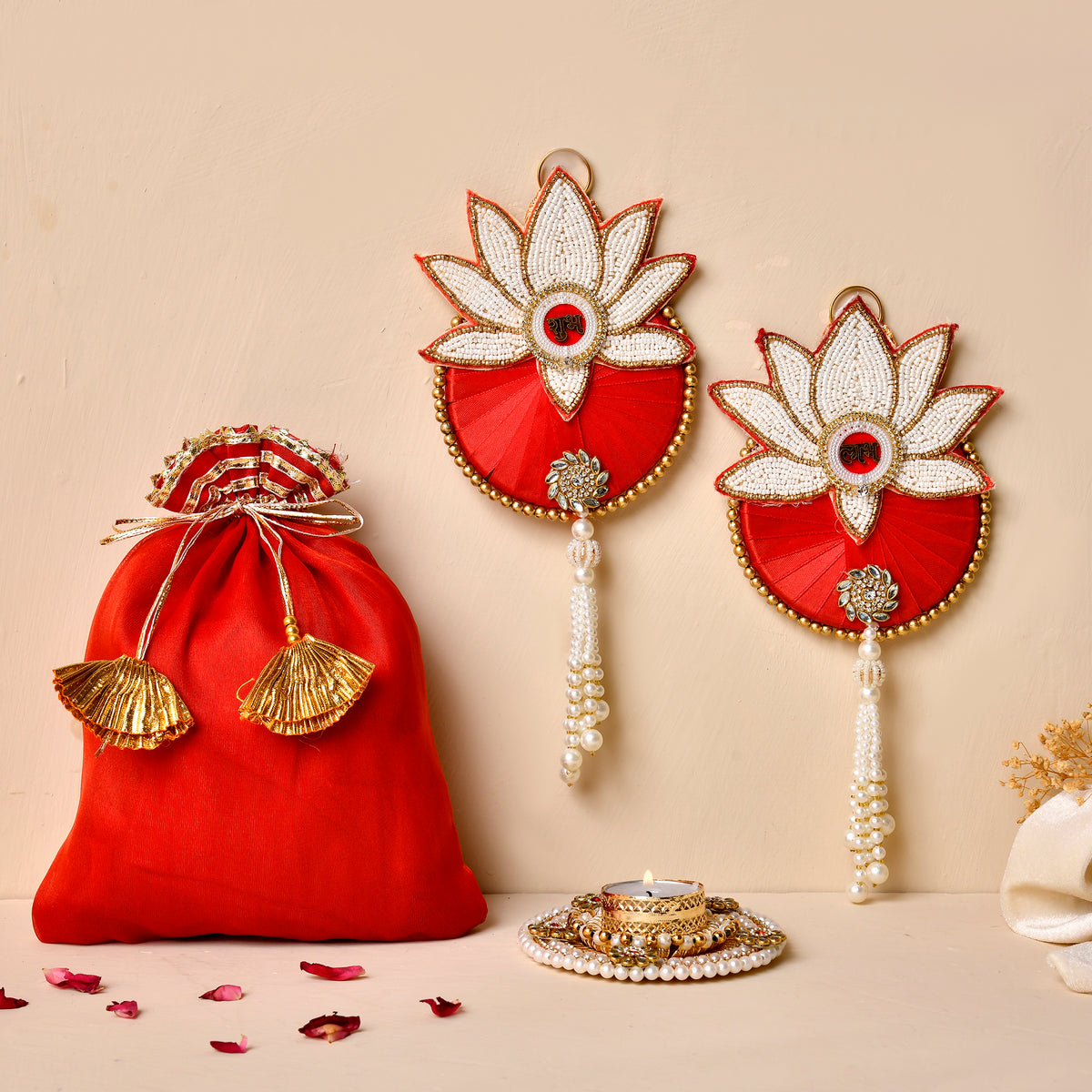Pearl Lotus Shubh Labh & Kundan Tea light Combo With Beautiful Organza  Potli(Gifting hamper)
