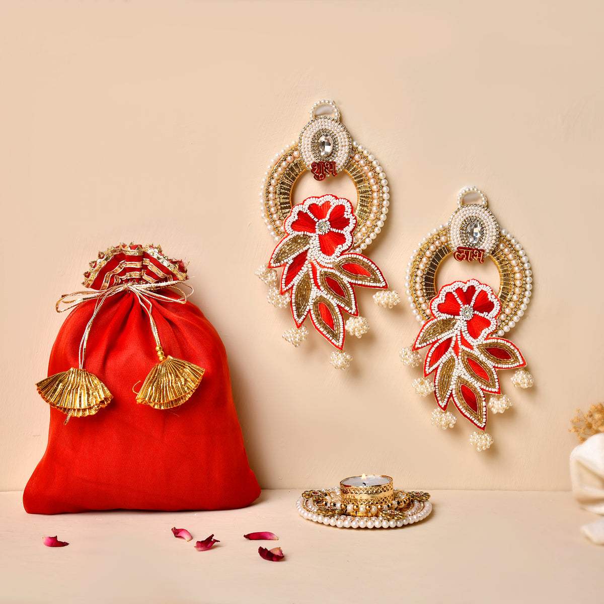 Floral Embroidery PatchShubh Labh & Kundan Tea light Combo With Beautiful Organza  Potli(Gifting hamper)