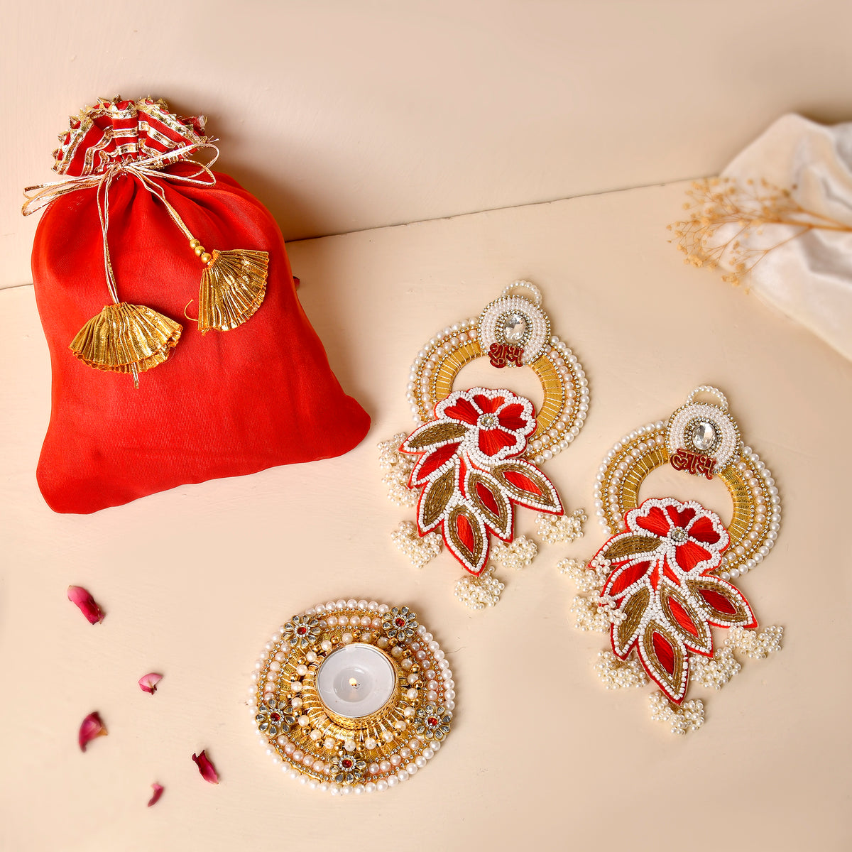 Floral Embroidery PatchShubh Labh & Kundan Tea light Combo With Beautiful Organza  Potli(Gifting hamper)
