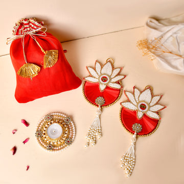 Pearl Lotus Shubh Labh & Kundan Tea light Combo With Beautiful Organza  Potli(Gifting hamper)