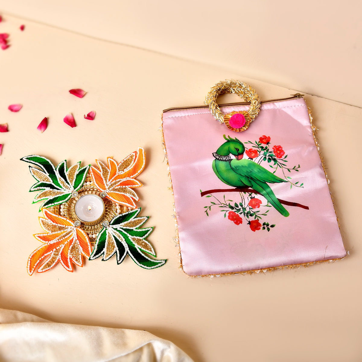 Floral Patch Tealight With Beautiful Parrot Potli(Gifting hamper)