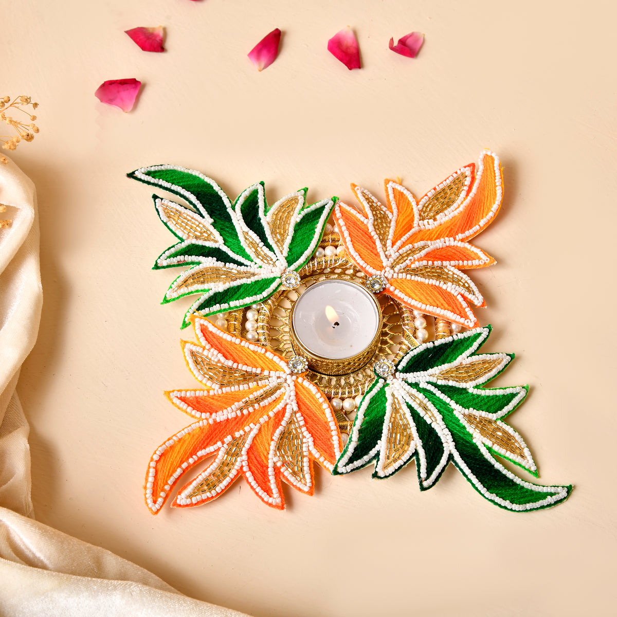Floral Patch Tealight With Beautiful Parrot Potli(Gifting hamper)