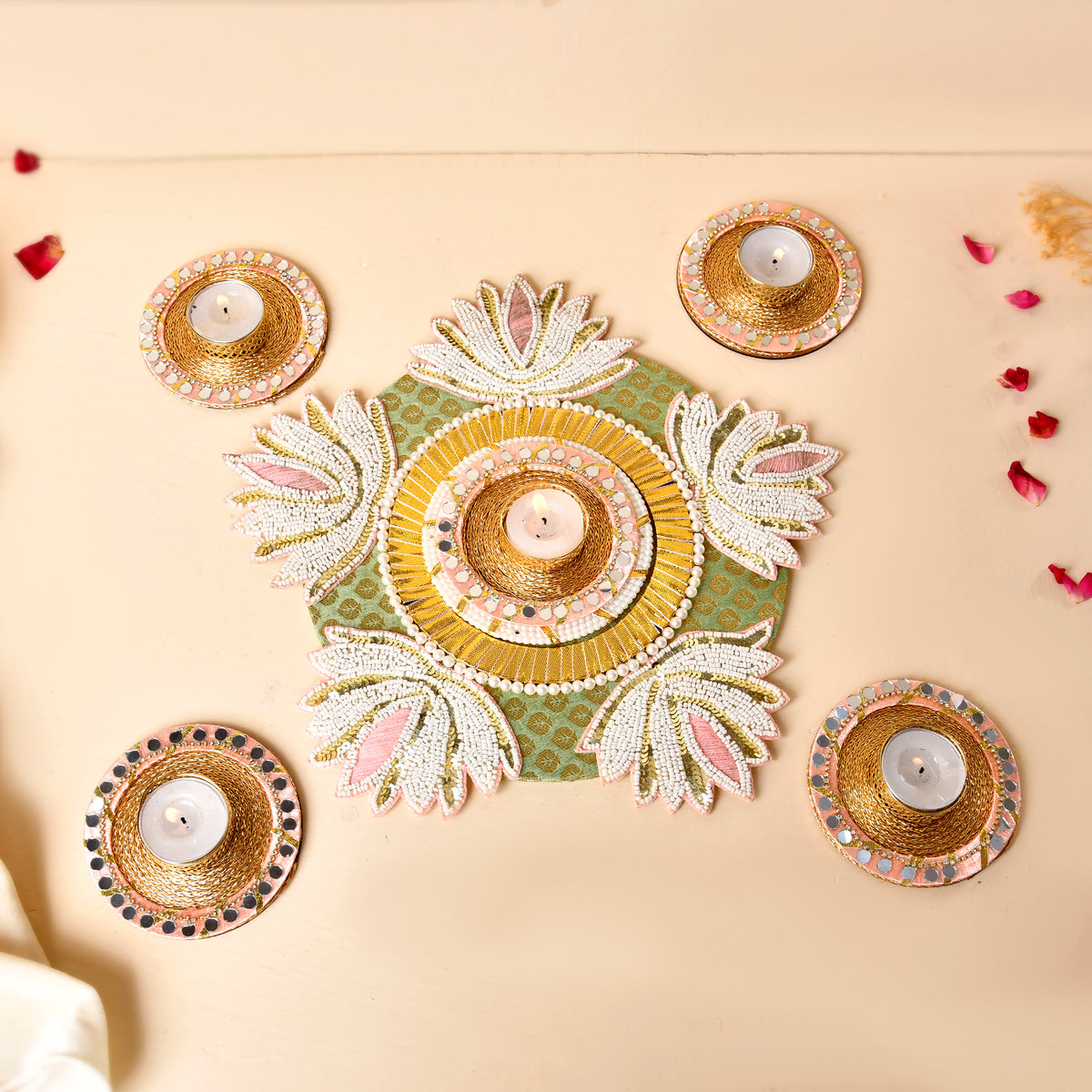 Lotus Rangoli With Mirror Tealights......Hues Of Pastel