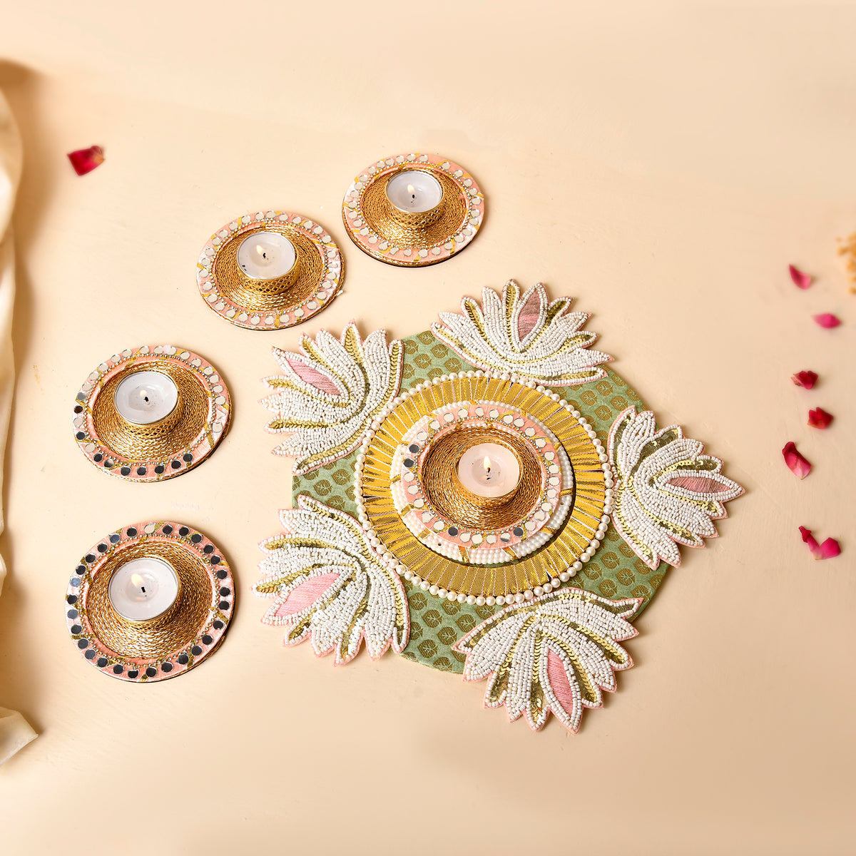 Lotus Rangoli With Mirror Tealights......Hues Of Pastel