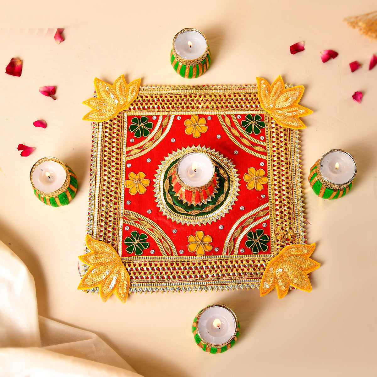 Red gotta patti reusable rangoli with damru tealights