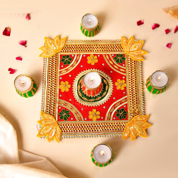 Red gotta patti reusable rangoli with damru tealights