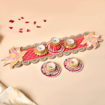 Banarasi table topper with mirror tea Lights