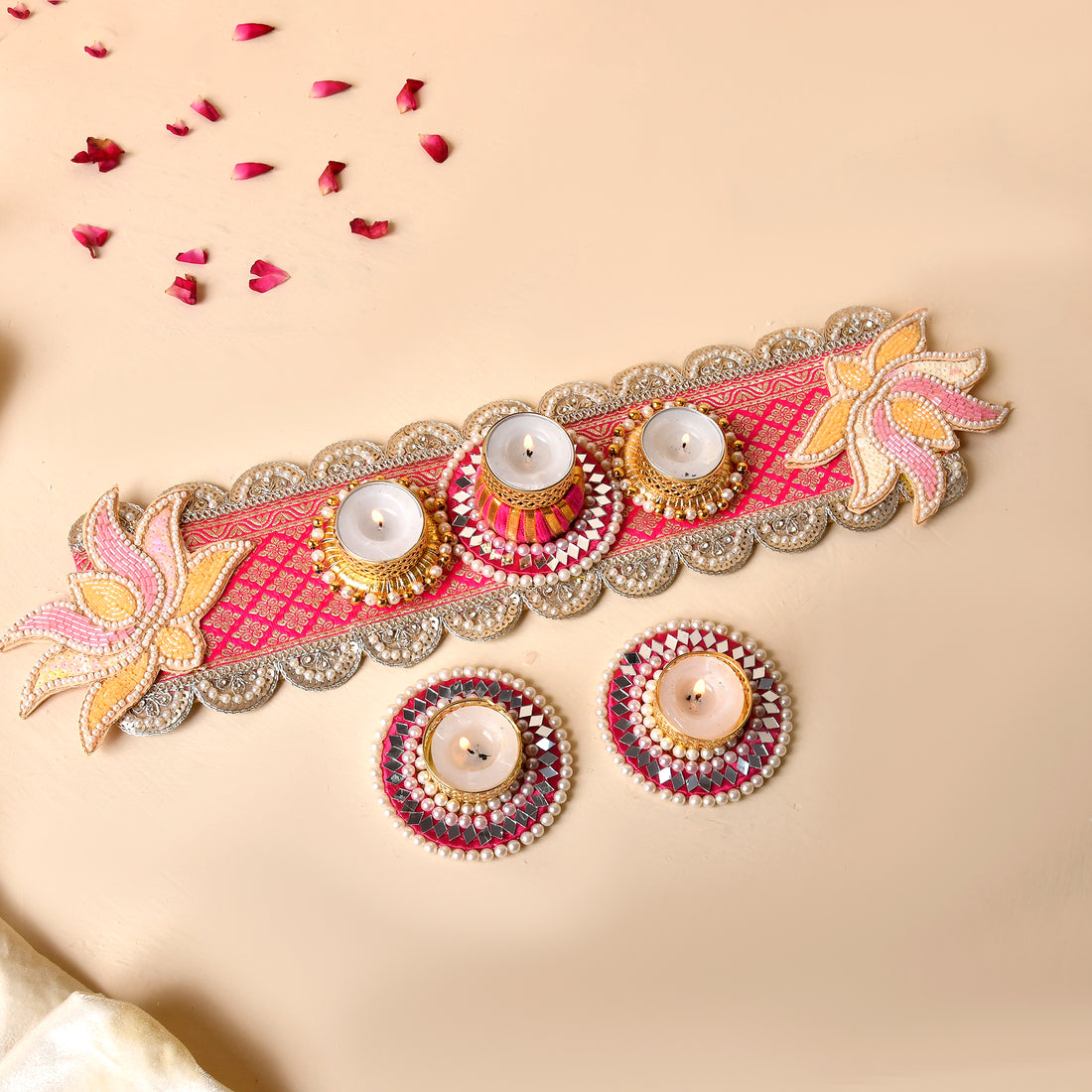 Banarasi table topper with mirror tea Lights