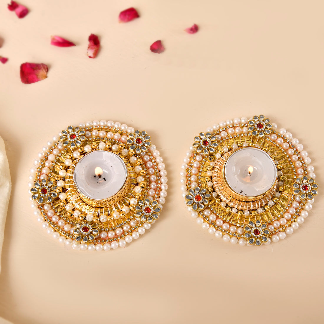Combination of pearl &kundan..... Tea Lights Set of 2