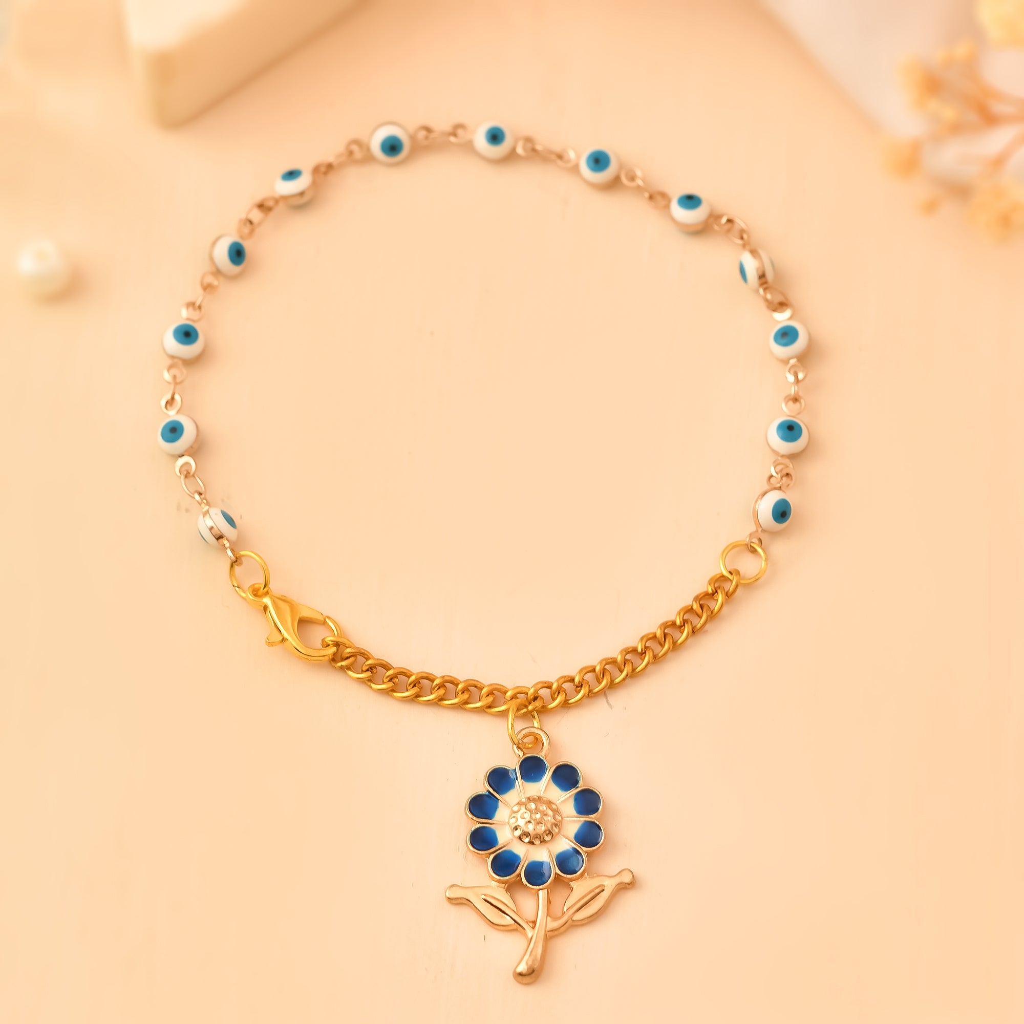 flower charm Bracelet with evil eye chain